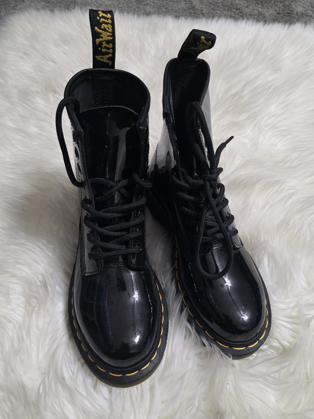Dr. Martens Black Patent Lace-Up Combat Boots with Yellow Stitching